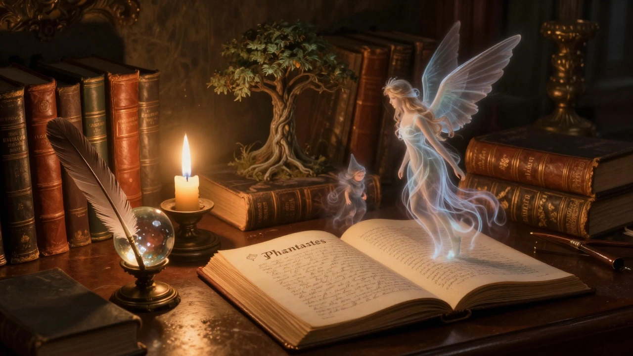 A Victorian study with a glowing manuscript, spectral figures emerging from the pages of 'Phantastes'.