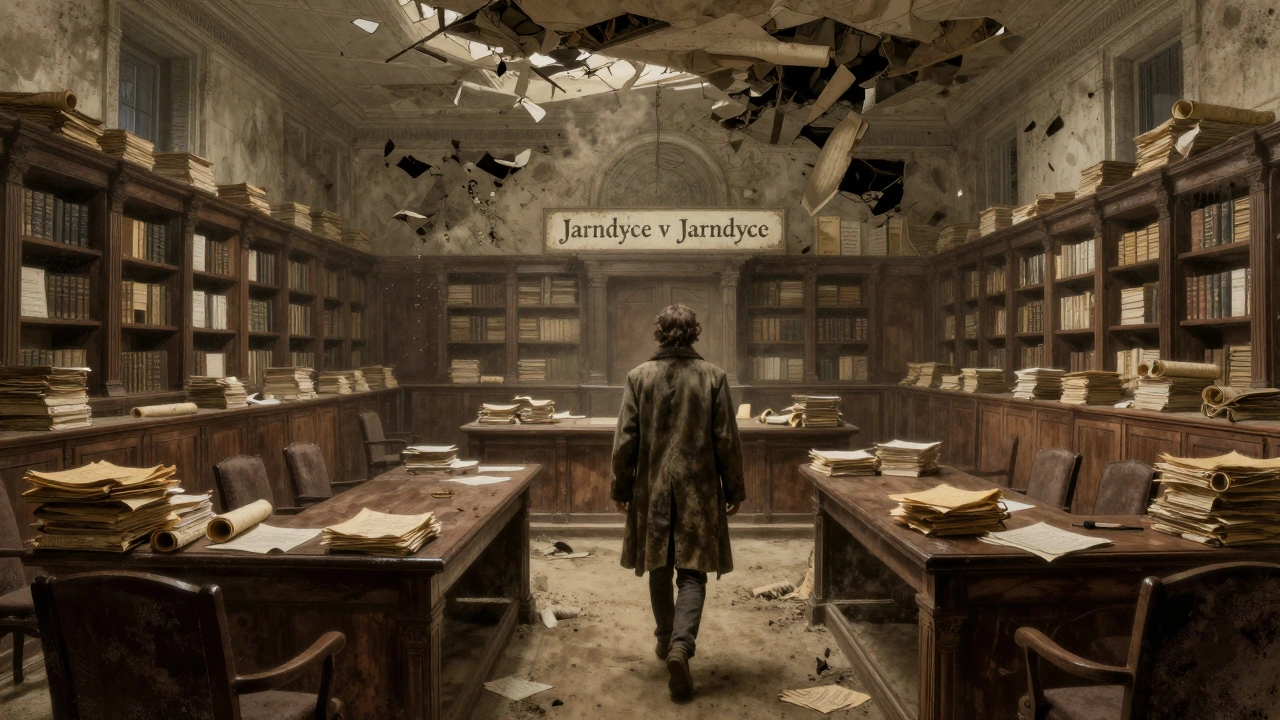 An endless courtroom filled with crumbling paperwork, a lone figure walking away as the system collapses.