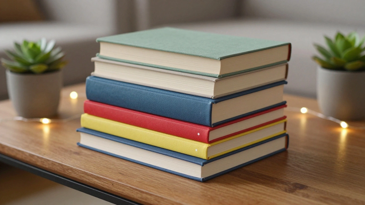 Colorful stack of hardcover books decorated with lights and plants.