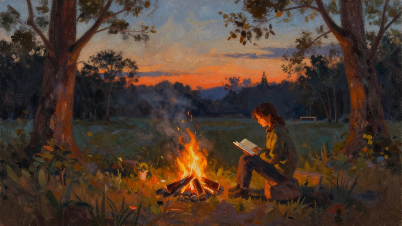 Individual sitting by campfire in park at dusk reflecting