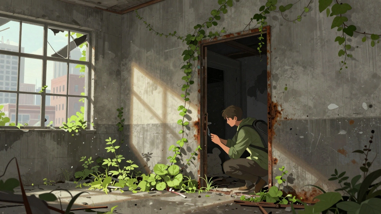 Person exploring abandoned building with sunlight filtering through