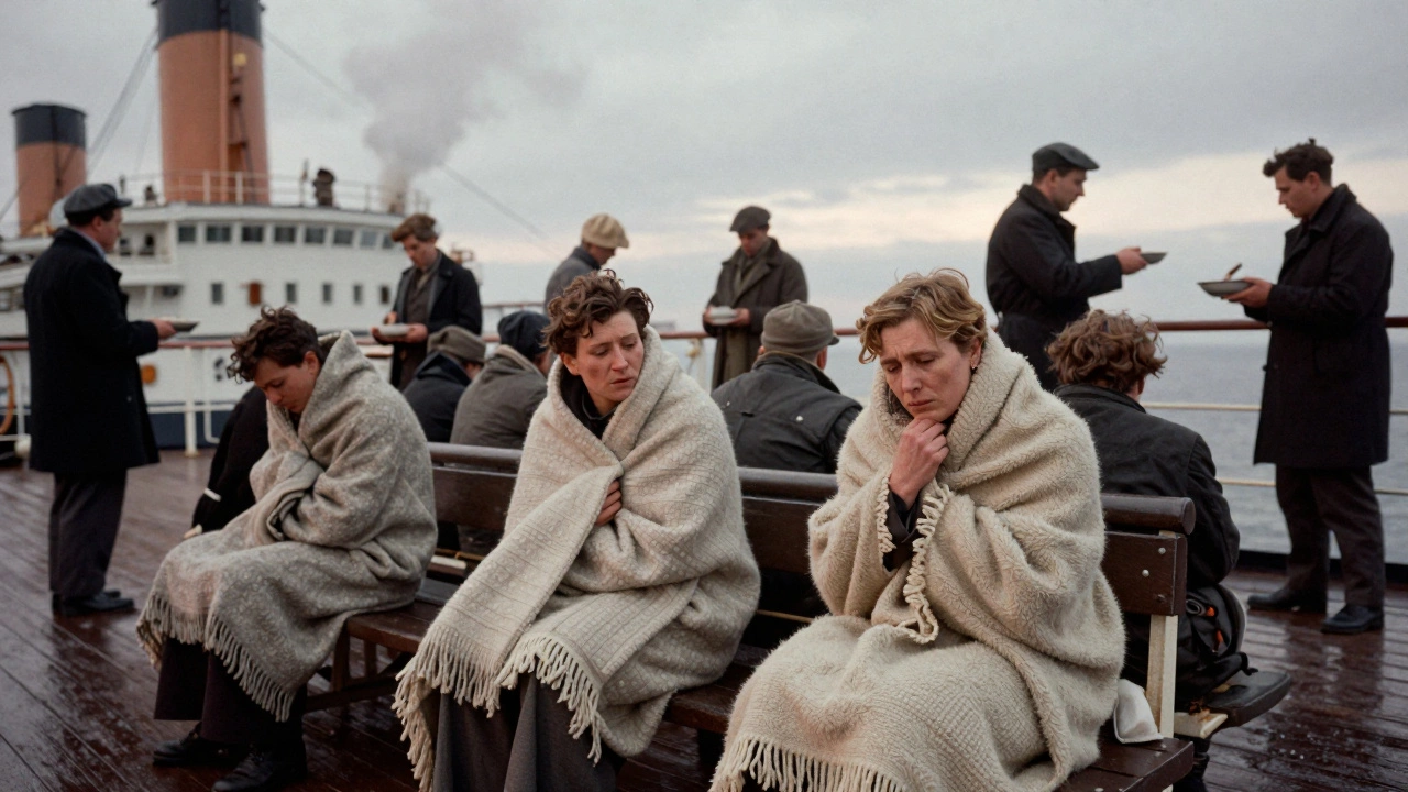 Rescued survivors wrapped in blankets on the Carpathia.