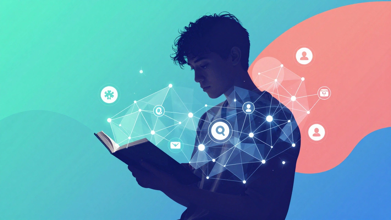 Silhouette of a reader blended with digital network graphics.