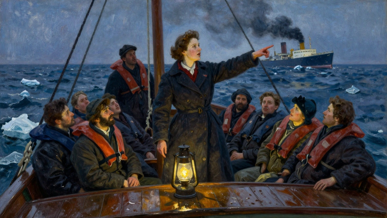 Survivors in a lifeboat on the cold Atlantic Ocean.