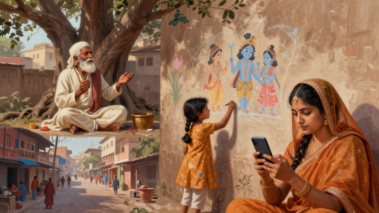 Three scenes of Indian cultural storytelling: oral tradition, mural art, and digital recording blending together.