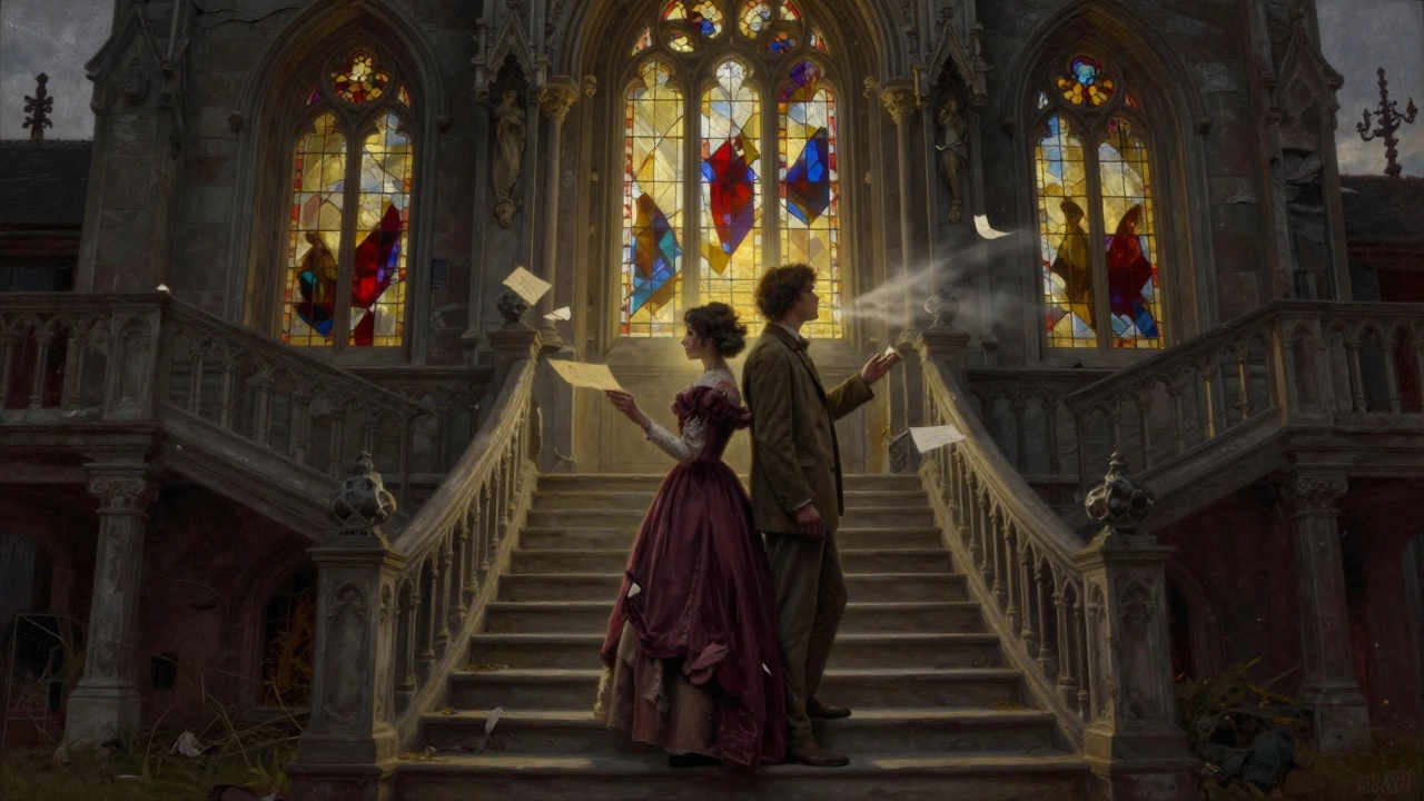 Two figures on a Gothic staircase, back-to-back, colored light from stained glass illuminating their silence.