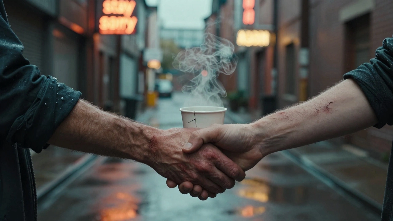 Two hands clasped in a rainy alley at dawn, a cracked coffee cup between them, neon signs glowing faintly.