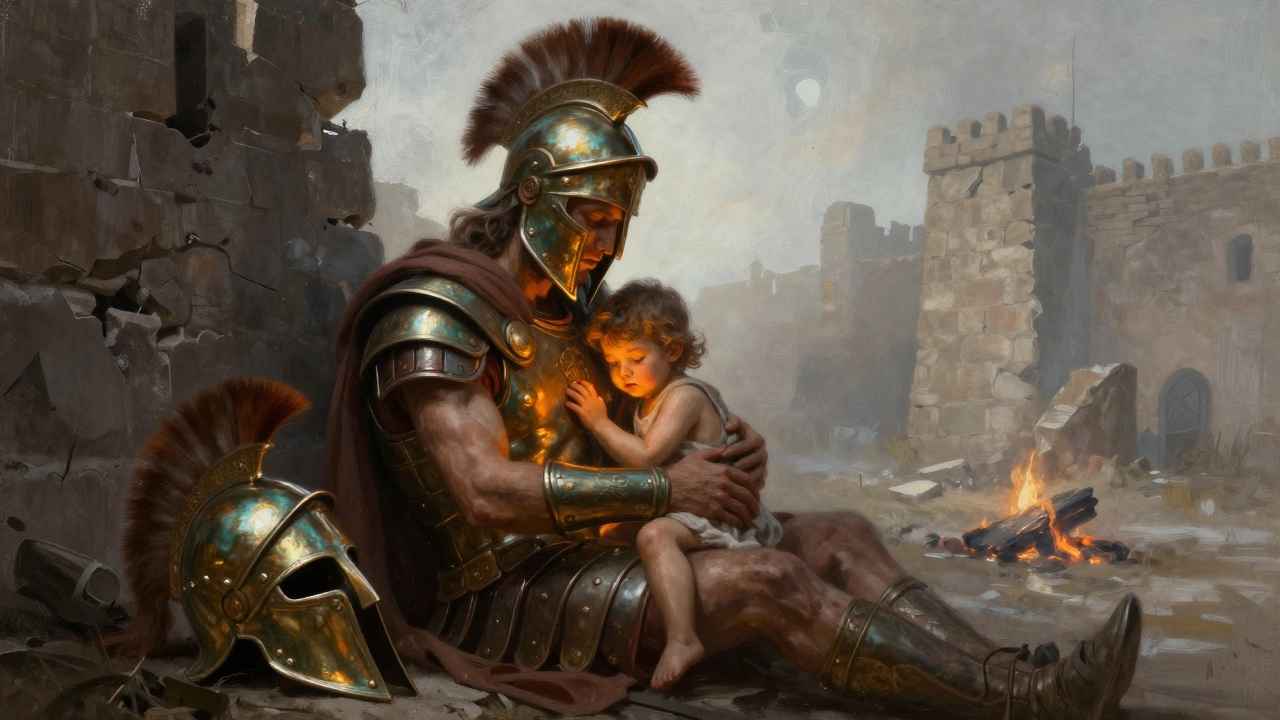 A Bronze Age Trojan warrior holding his young son amidst the ruins of a city.