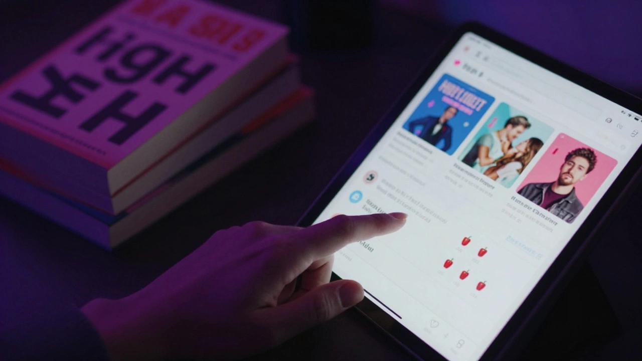A person scrolling through book reviews with pepper ratings next to a stack of dark romance novels.