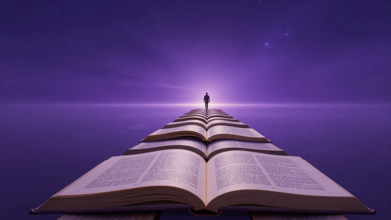 A surreal bridge made of book pages stretching infinitely toward a starry twilight horizon.