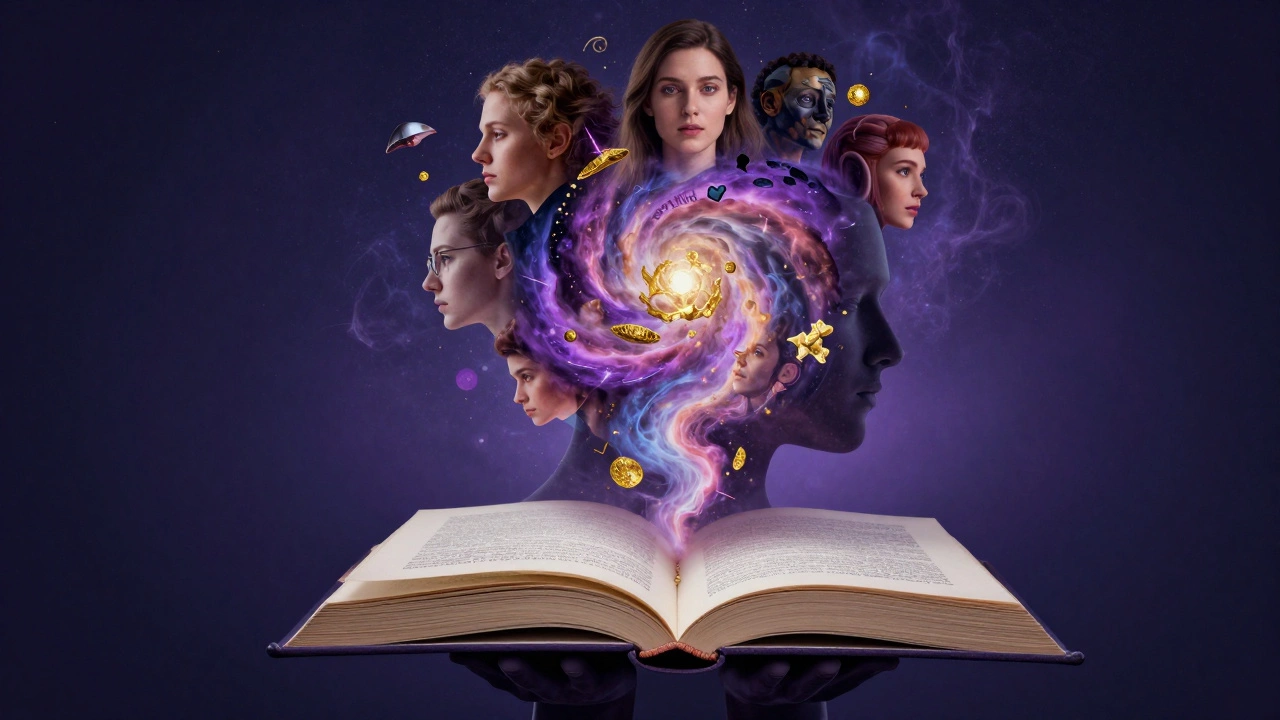 A surreal silhouette of a person with a book for a head and faces emerging from pages