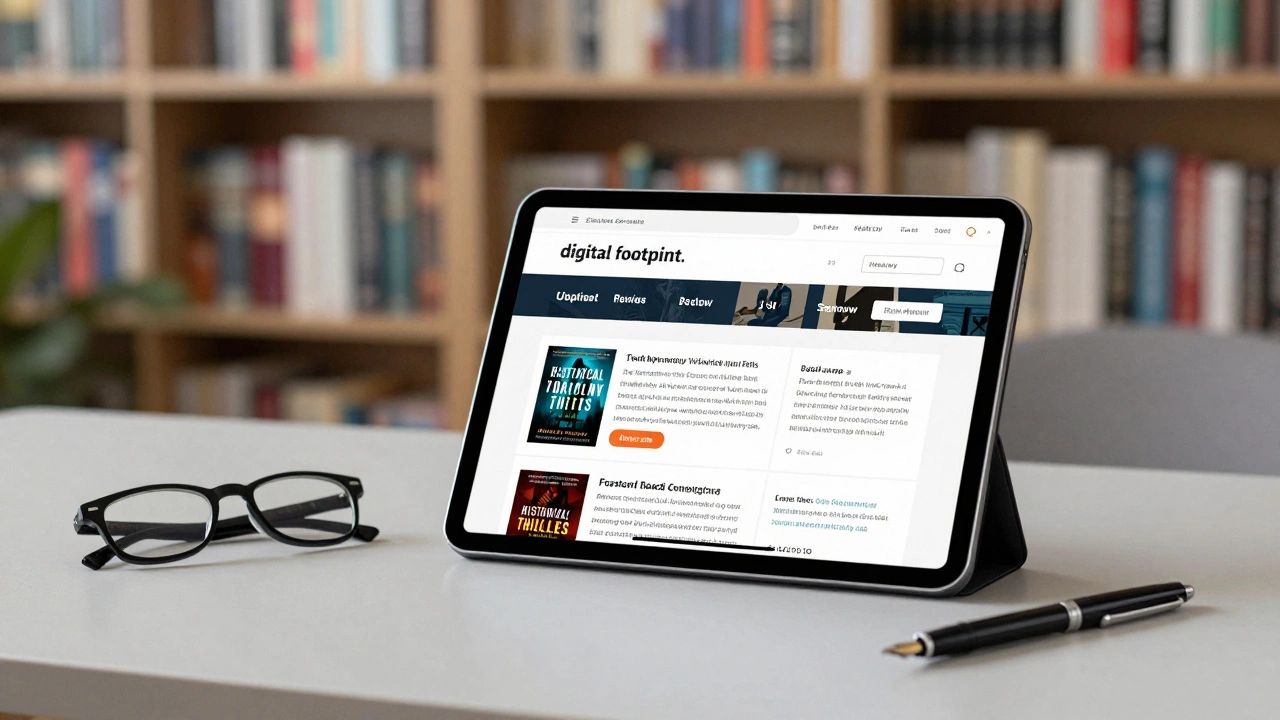 A tablet displaying a professional book review blog on a minimalist desk with a library background.