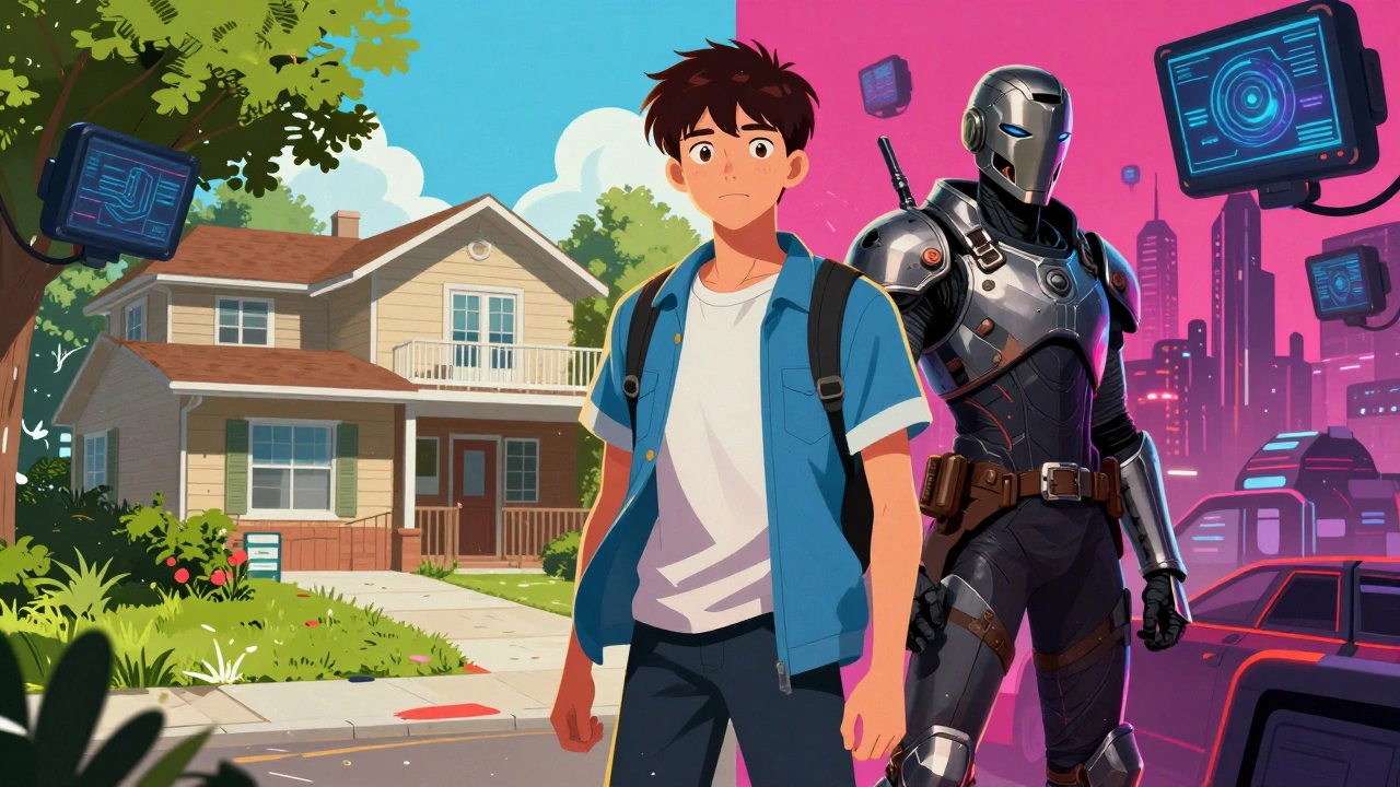 A teenager split between a contemporary world and a dystopian setting