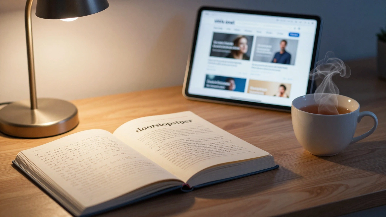 A thick novel, a reading journal, and a cup of tea on a bedside table under warm lamp light.