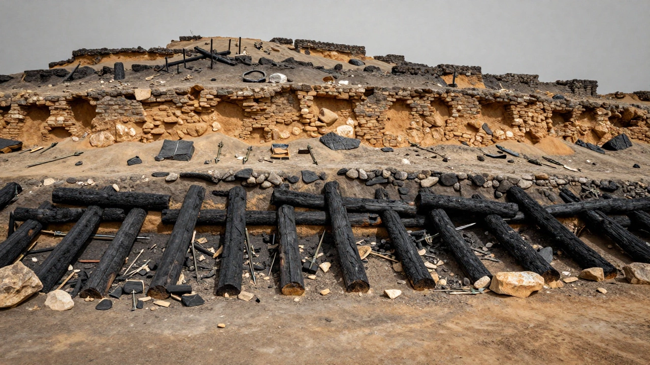 Archaeological cross-section of Hisarlik showing layers of ruins and burnt timber.