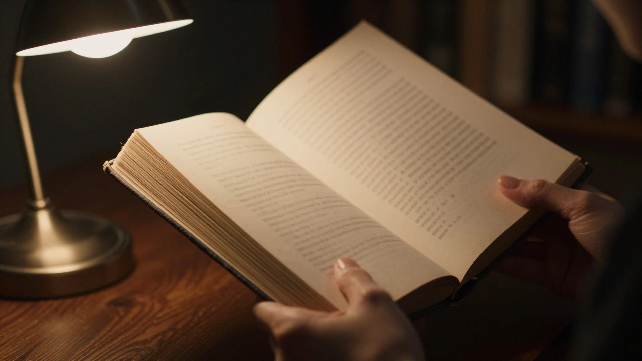 Hands holding an old hardcover book in a cozy, dimly lit room