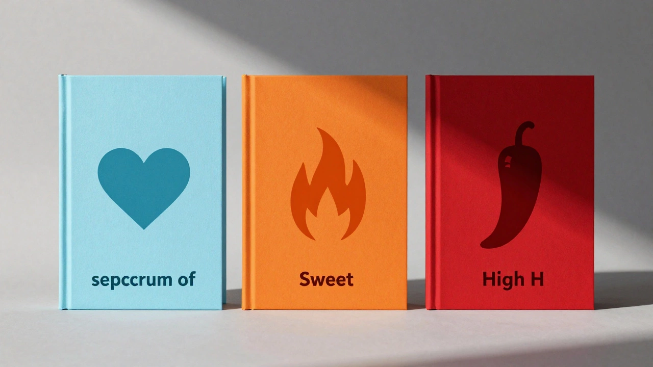 Three books in a row transitioning from blue to red with flame and chili pepper icons.