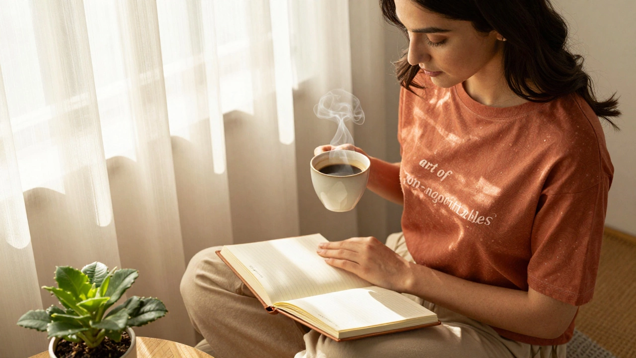 Woman enjoying a quiet morning with coffee and a journal in a sunny room