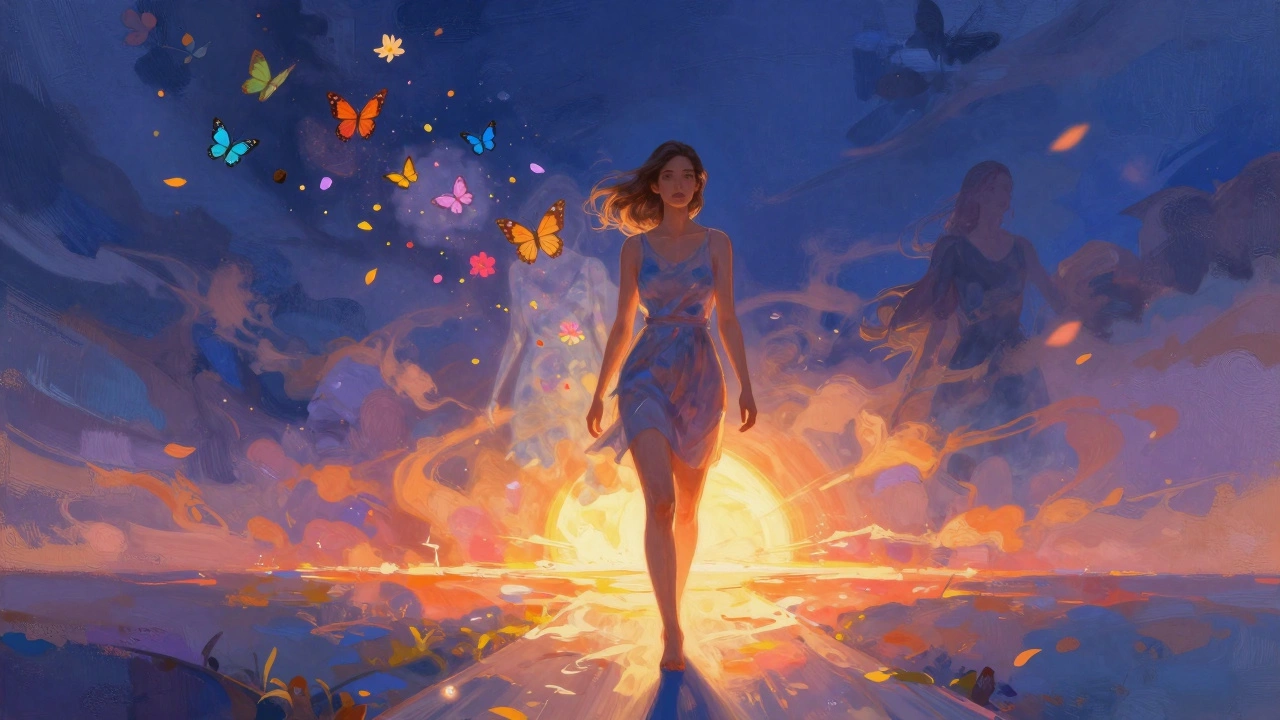 Woman walking toward a sunrise as her past self dissolves into butterflies