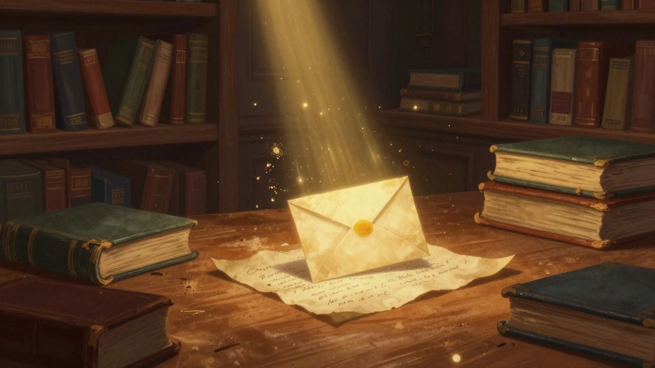 A mysterious glowing letter on a library desk disrupting a quiet room with golden light.
