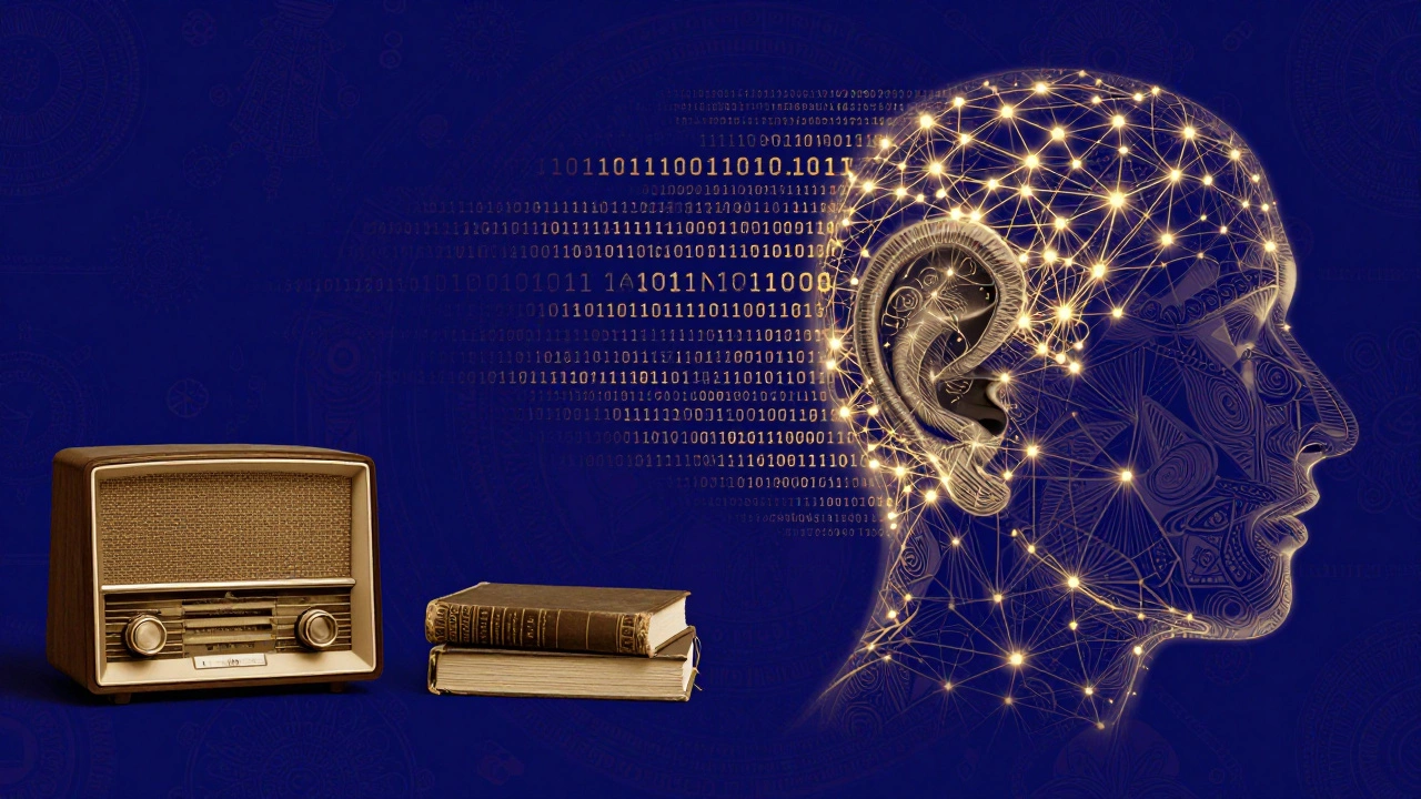 Artistic blend of vintage radios and neural networks forming an ear