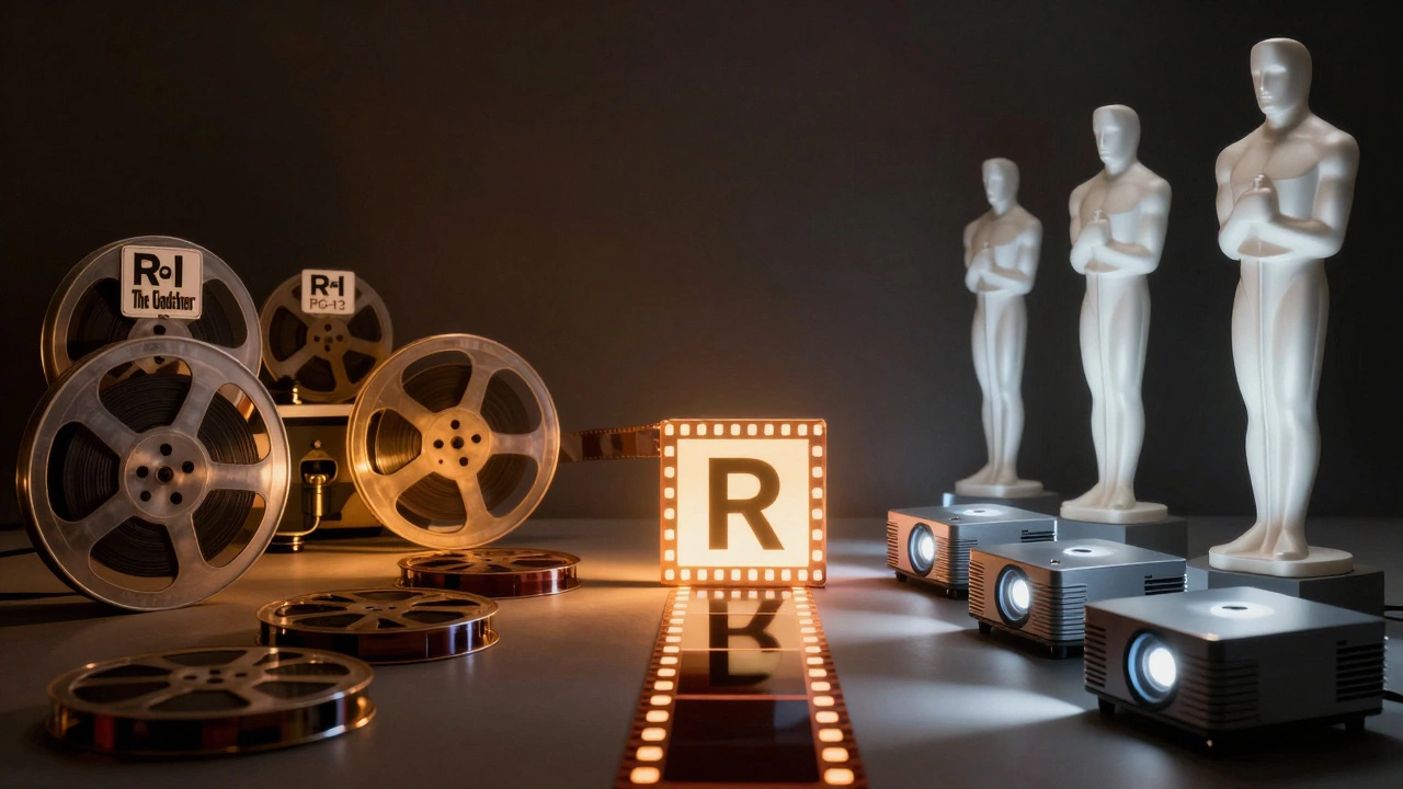 Conceptual art showing the divide between R-rated classics and modern films