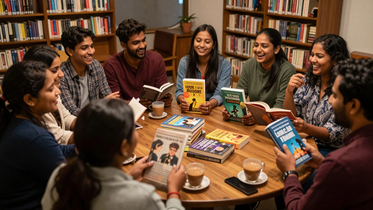 Diverse group of adults laughing during a book club meeting