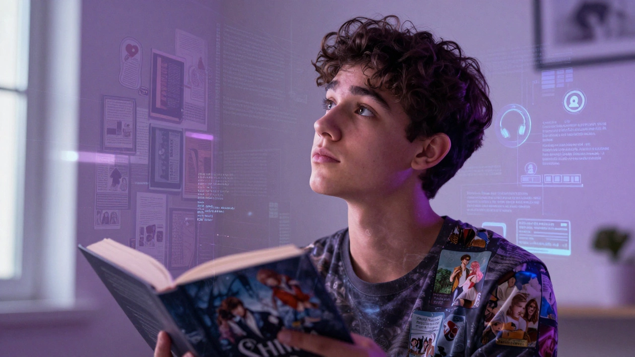 Double exposure of reader with books and digital data