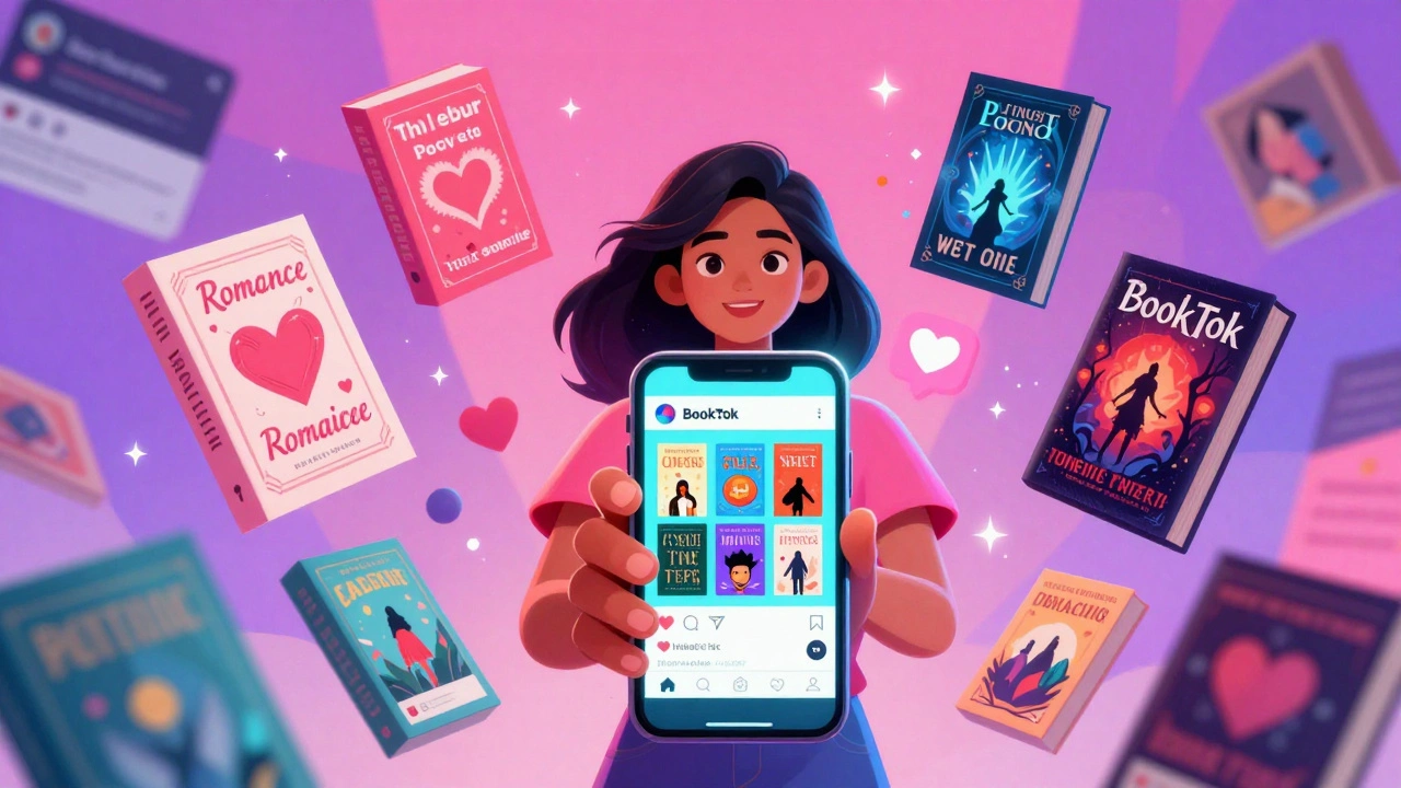 Illustration of BookTok influence with floating book genres