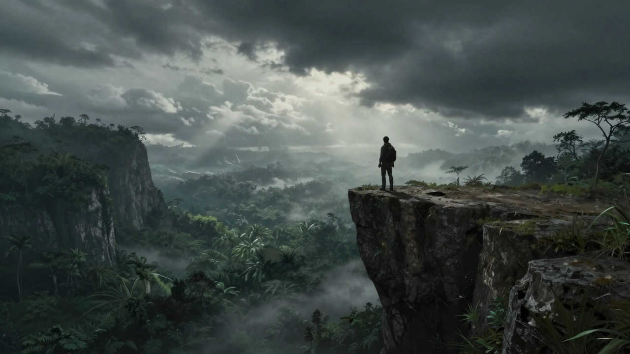 Lone adventurer silhouetted on a cliff edge facing a dark, misty jungle landscape.