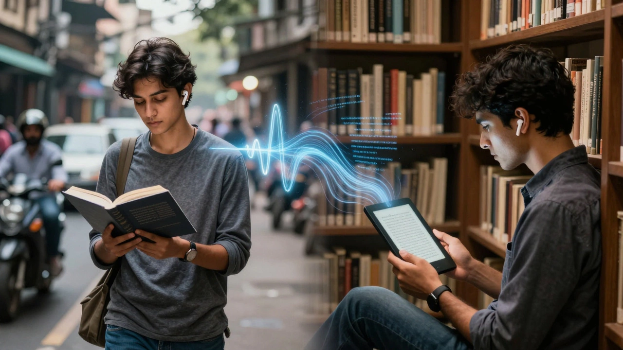 Person listening to audiobook and using e-reader