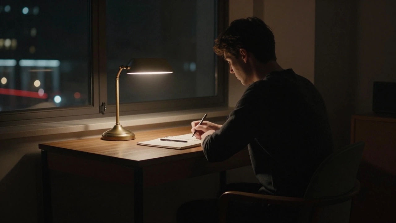 Person working under a single lamp in a dark, distraction-free room