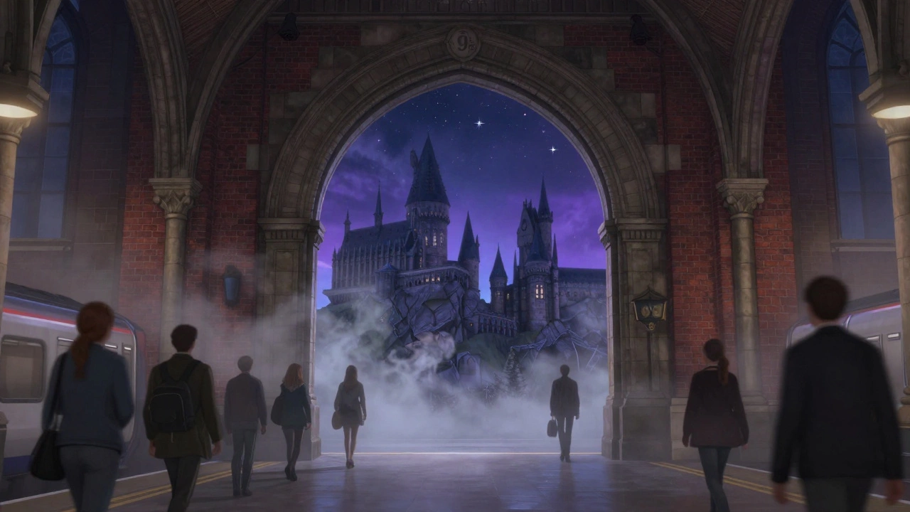 Platform 9¾ portal revealing Hogwarts castle from London station