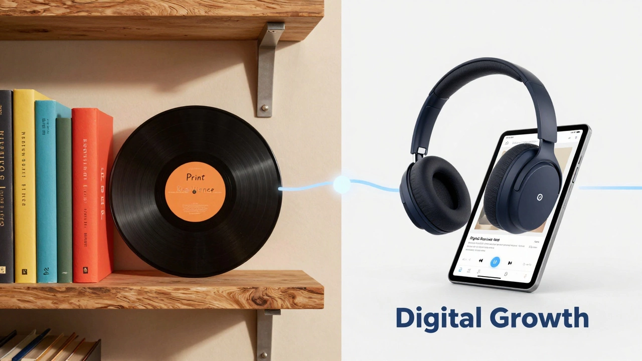 Split image showing physical books and audiobooks