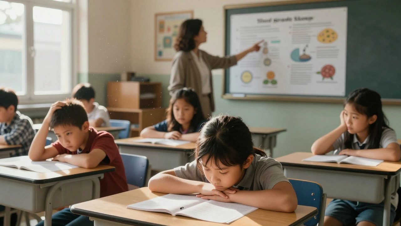 Students struggling with complex textbooks in a third-grade classroom