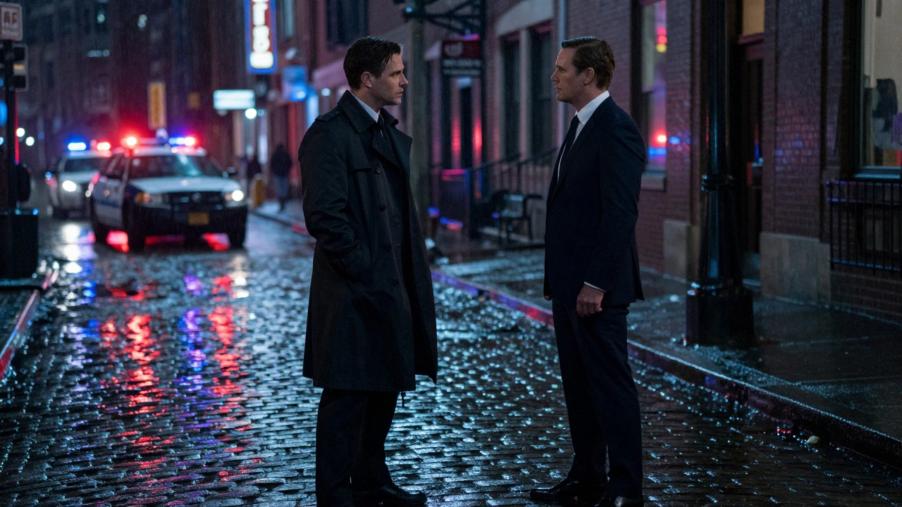 Tense standoff between two men in rainy Boston streets from The Departed
