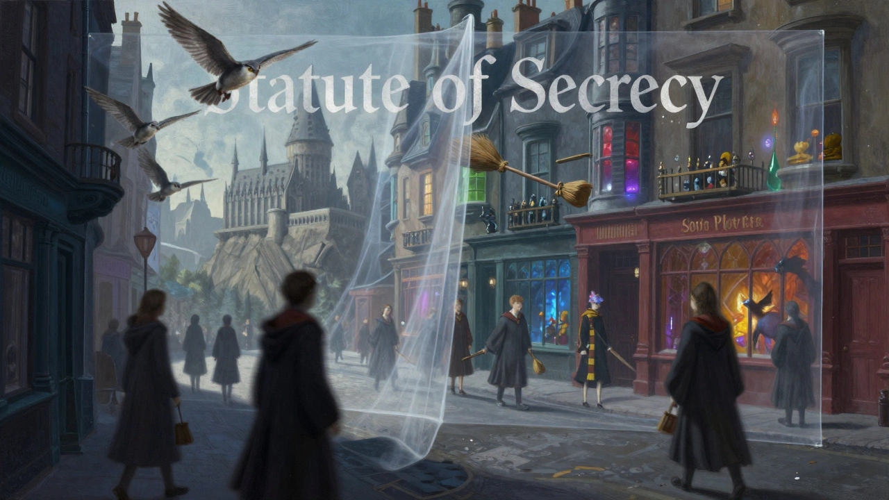 Wizarding world hidden behind a translucent veil in a city