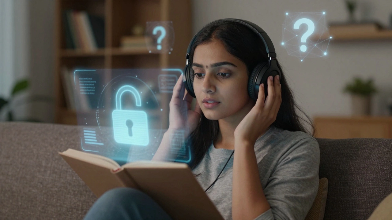 Woman listening to AI audio with holographic privacy symbols