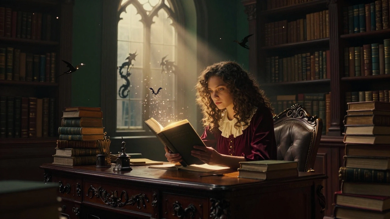 Young woman reading a magical fantasy book in a dark academia style library