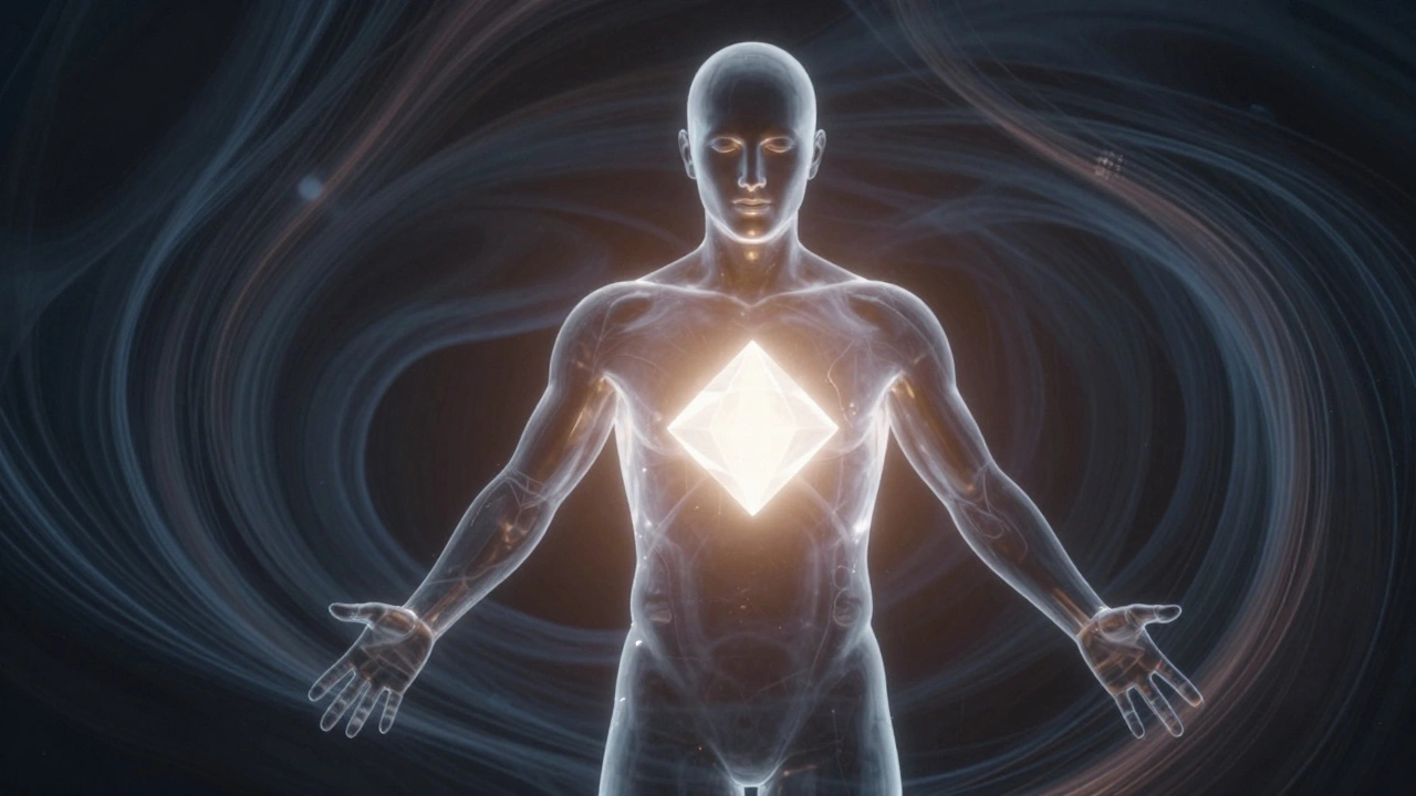 Abstract figure with glowing core resisting dark waves, symbolizing resilience