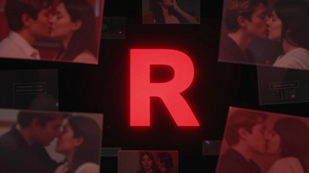 Abstract glowing red R rating symbol surrounded by fragmented romantic scenes.