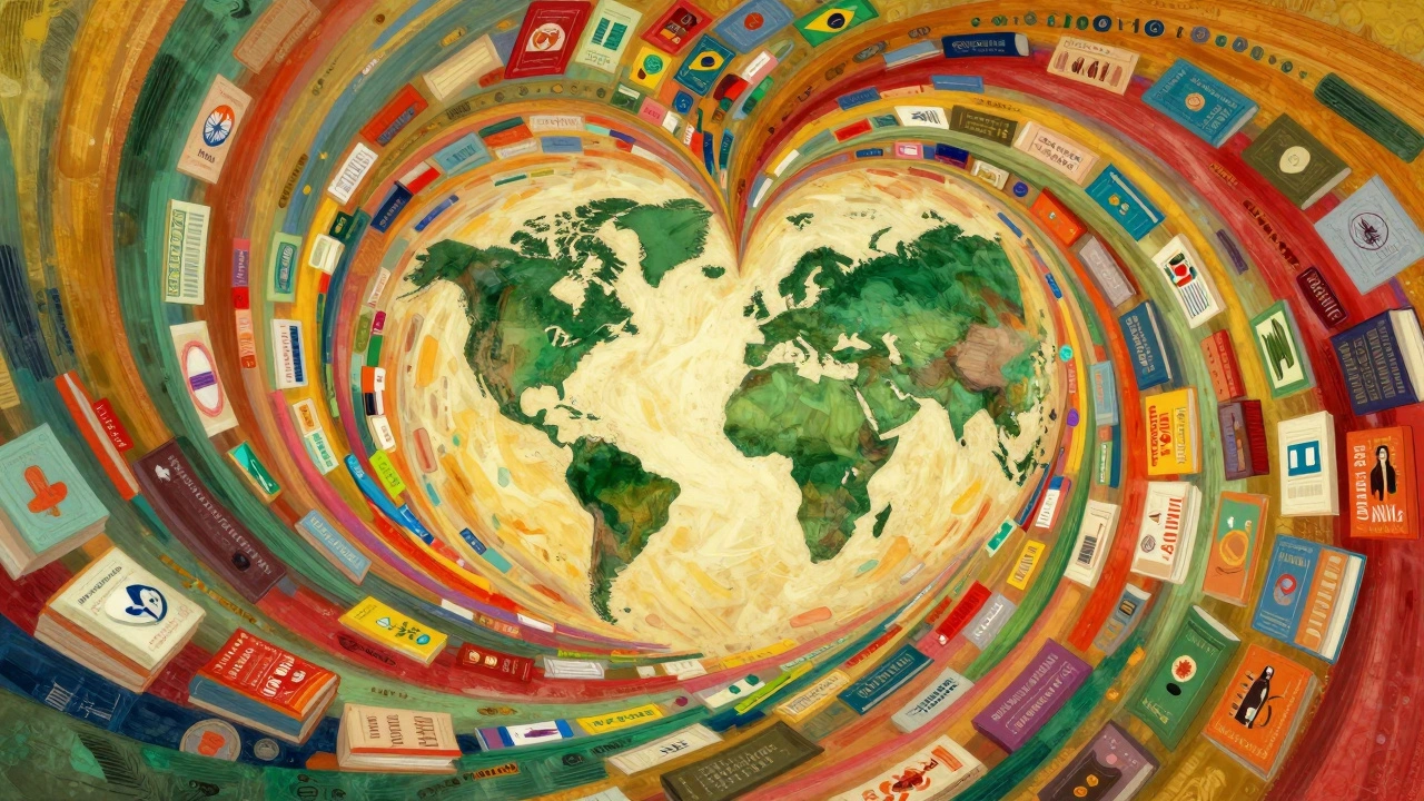 Colorful swirl of global books forming a heart shape