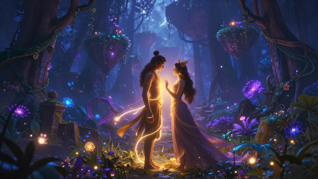 Fantasy lovers connected by magic in a glowing mythical forest