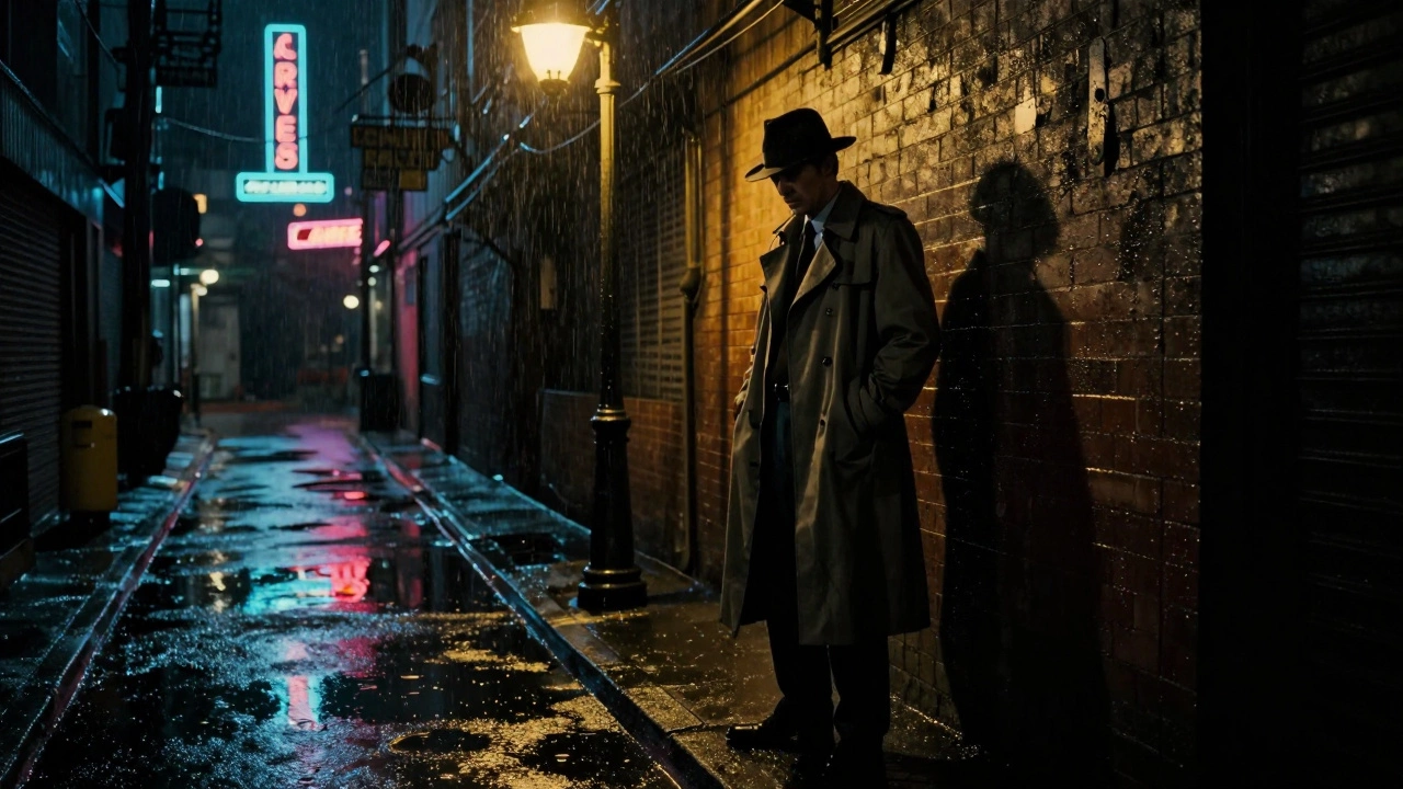 Noir detective in rainy city alleyway