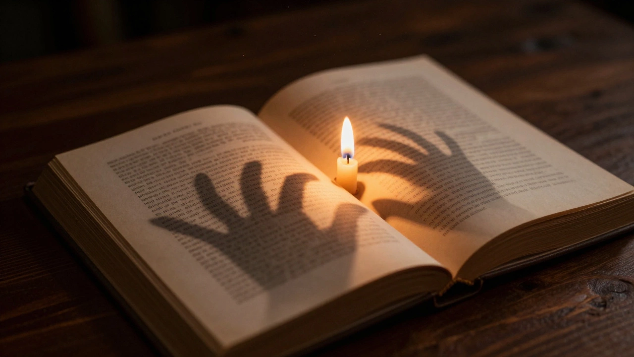 Open vintage book lit by candle with ominous shadowy reflections
