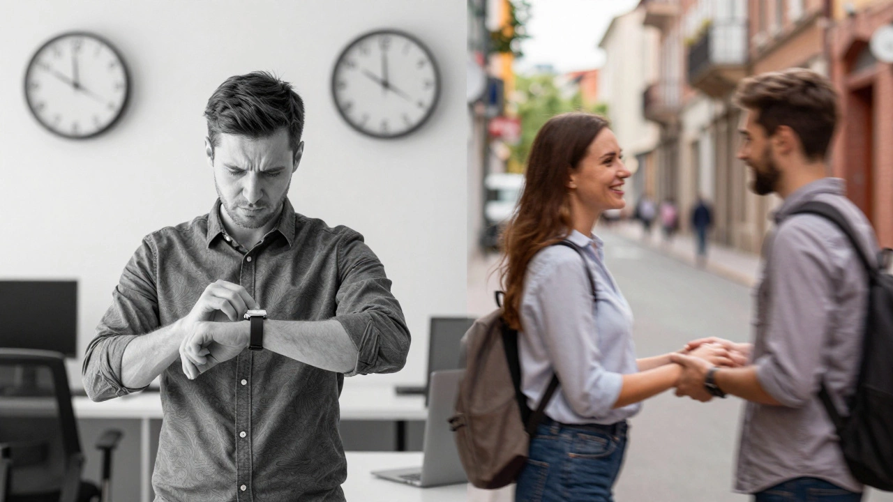 Split image contrasting strict timekeeping with relaxed social interactions