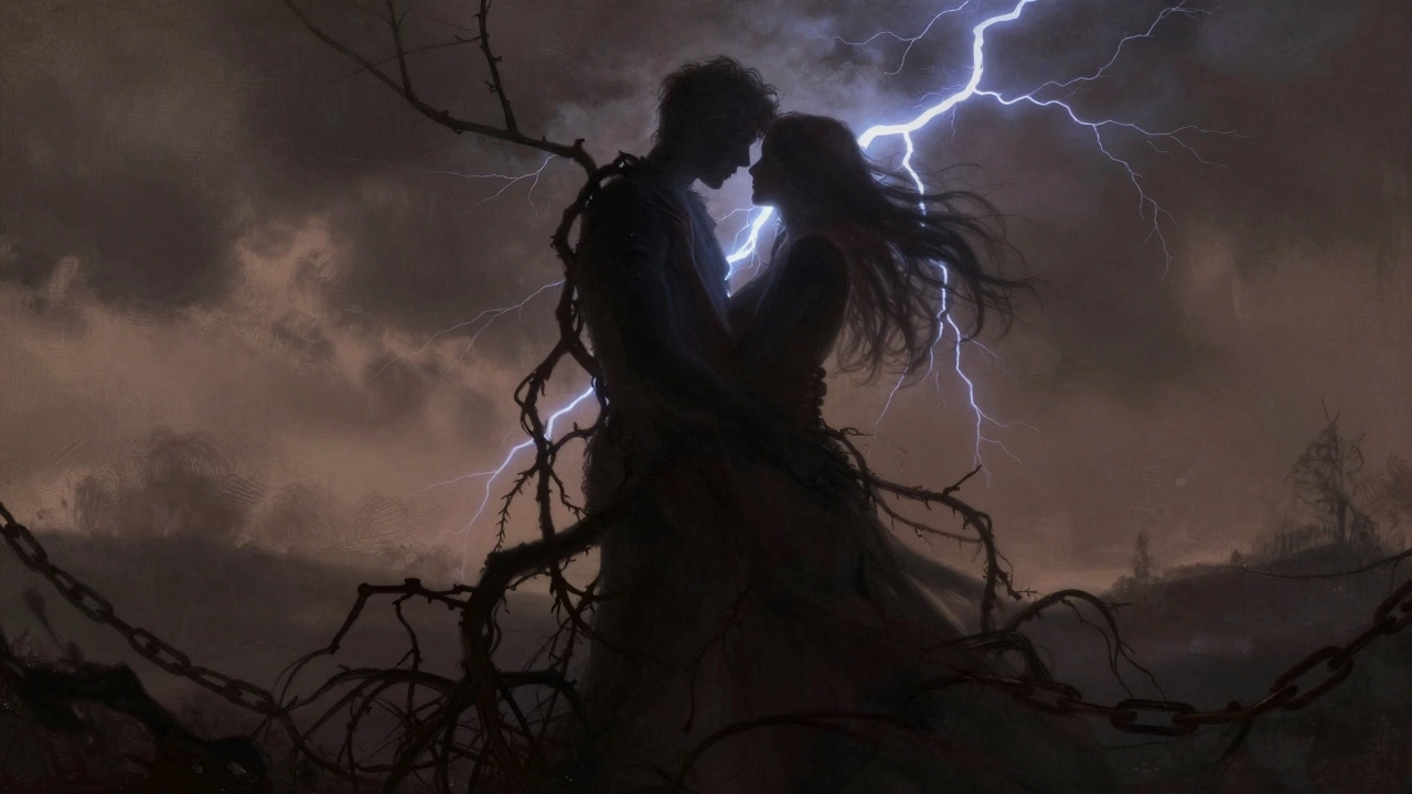 Surreal art of two figures entangled in shadowy vines under stormy sky