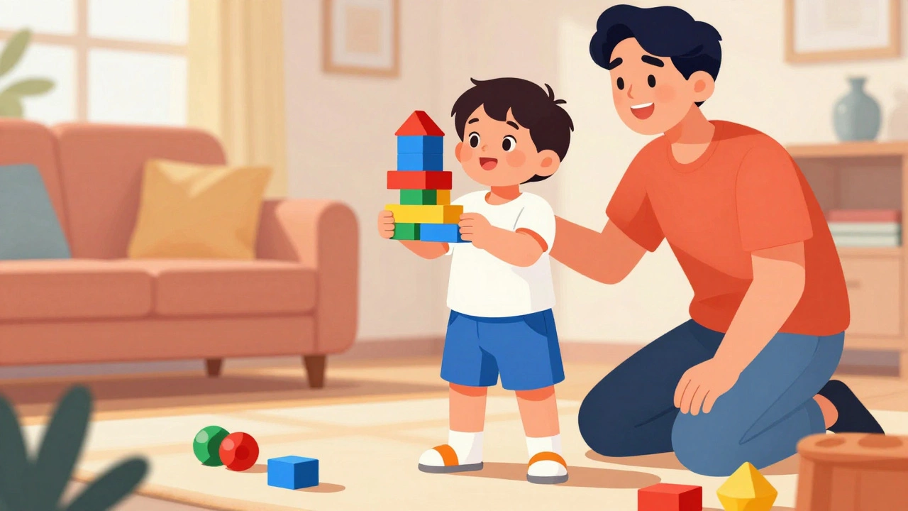 Toddler building blocks independently with supportive adult nearby, showing autonomy.