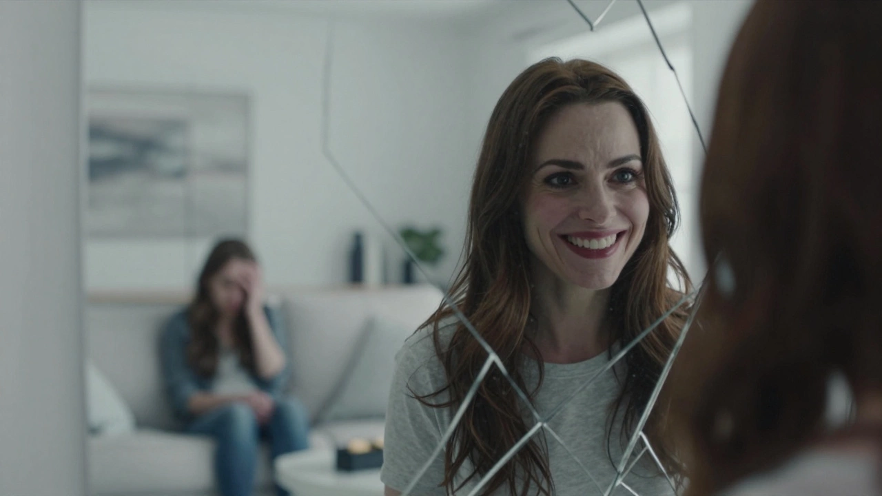 Woman's sinister reflection in cracked mirror