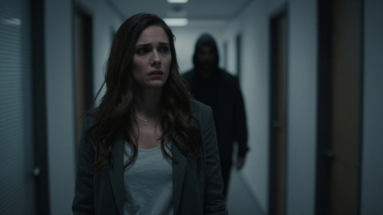 Woman looking fearful in dark hallway with menacing shadow behind her.